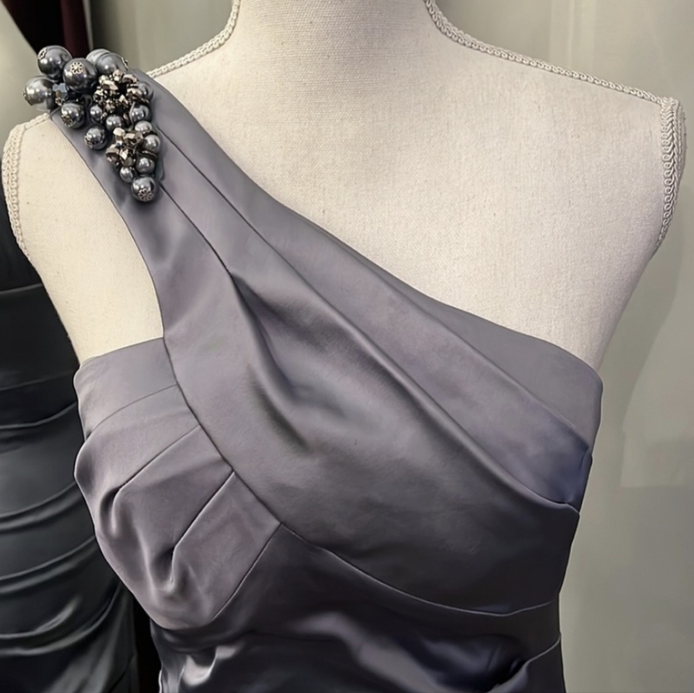 Cache One Shoulder Silver Satin Cocktail Dress Size 4 - Picture 3 of 7